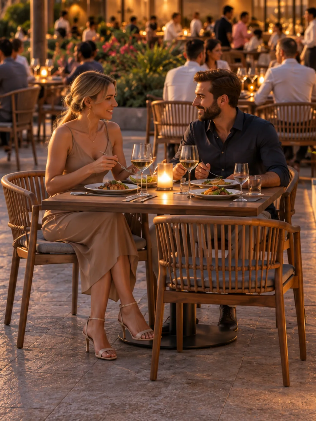 Una coppia a cena sulla terrazza del Ristorante del Castelluccio, al tramonto